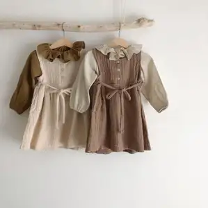 RTS blus lengan panjang anak perempuan, blus katun linen warna polos dengan kerah kerut, pakaian Musim Semi dan Gugur untuk bayi perempuan