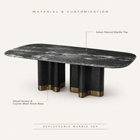Table à manger en marbre italien de luxe avec base en pierre noire cosmique et accents dorés |   Solution tout-en-un pour les meubles