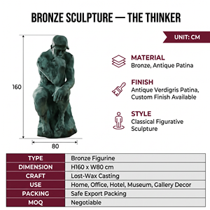 Sculpture Le Penseur en <span class=keywords><strong>Bronze</strong></span> Patiné Vert, Réplique <span class=keywords><strong>de</strong></span> <span class=keywords><strong>Rodin</strong></span>, Statue <span class=keywords><strong>de</strong></span> l'Homme Réfléchissant, Personnalisée pour Galerie Intérieure, Œuvre d'Art - Product Image 2