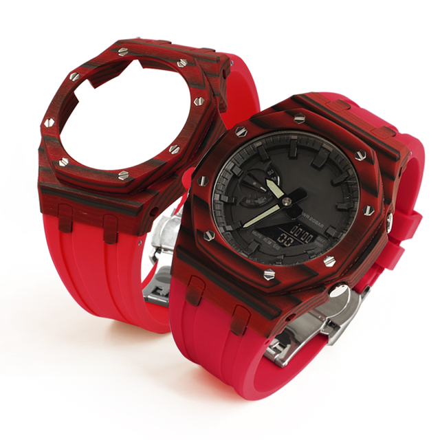 DMD GA2100 Mod Kit Carbon Fiber Case & Rubber Strap with Butterfly Buckles for GA-2100/2110/B2100 Watch Replacement