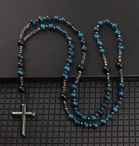 Supporto personalizzato religioso nero onice africano turchese ematite tigre pietra occhio di preghiera perline benedizione collana croce cristiana - Product Image 3