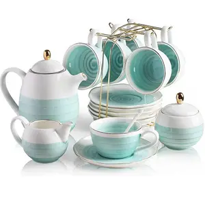 茶具陶瓷瓷茶具，8 盎司茶杯和茶碟成人茶具 6 套,与茶壶糖碗奶油投手输液器