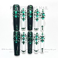 Ongles en forme de cercueil vert émeraude et blanc faits à la main à presser, en ABS, 10 pièces, extra longs, design ballerine cercueil XL