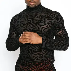 Men's T Shirt Perspective Turtleneck Long-sleeved Lace Tight Fitting T-shirt for Men Streetwear Bottoming Shirt Inside Male Tops