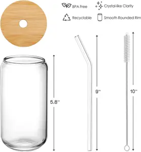 Vendita calda bicchieri personalizzati per bere soda pop con coperchi in bambù e cannuccia di vetro tazza di vetro a forma di lattina di birra da 16 once