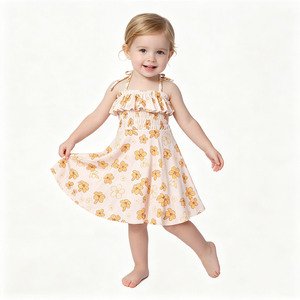 Vestido de Bambú/Algodón Personalizado para Niñas con Tirantes Ajustables, Cuello Fruncido, Mangas Cortas Tipo Linterna con Volantes y Pétalos para Bebés y Niñas Pequeñas - Product Image 3