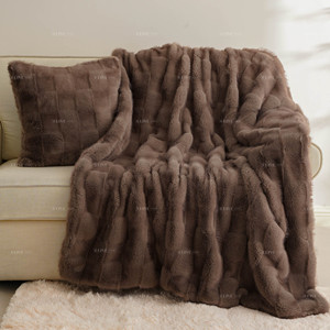 Customization Solid <strong>Stitched</strong> Grid Ruched Faux Mink Fur <strong>Throw</strong> with Flannel Back Super Heavy Warm Cozy Fuzzy for Men Women - Product Image 3