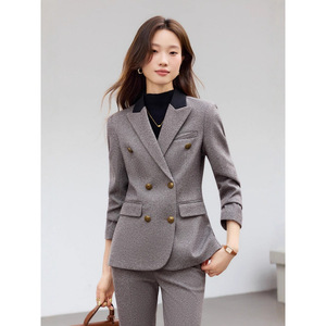 Women's Grey Wool Suit Set Double-Breasted Slim Fit Business Casual Workwear Office Lady Full Sleeve Anti-Wrinkle - Product Image 4