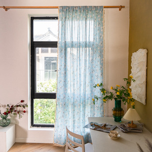 Blu americano, con stampa floreale, tenda <span class=keywords><strong>da</strong></span> finestra in lino, Non perforata, Semi-oscuramento <span class=keywords><strong>per</strong></span> la <span class=keywords><strong>cucina</strong></span>, rifinito con nappe - Product Image 3