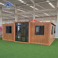 Casa Contenedor Expandible Prefabricada de Estilo Rústico con Estructura de Terracota y Acabado de Madera, Entrada de Vidrio con Tramo Superior, Lista para Habitar
