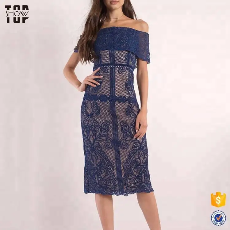 China suppliers elegant shape royal blue dress with crochet lace midi formal dress