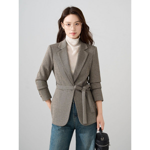 Women's Slim Fit Blazer Three Quarter Sleeve With Belt Casual Style For Spring Autumn 2025 Anti-Wrinkle Gray - Product Image 5