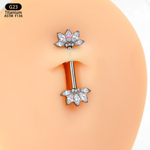 Flower Shape G23 <b>Titanium</b> Navel <b>Stud</b> 1.6mm Diameter Belly Button Piercing Jewelry With Zircon Inlay - Product Image 3
