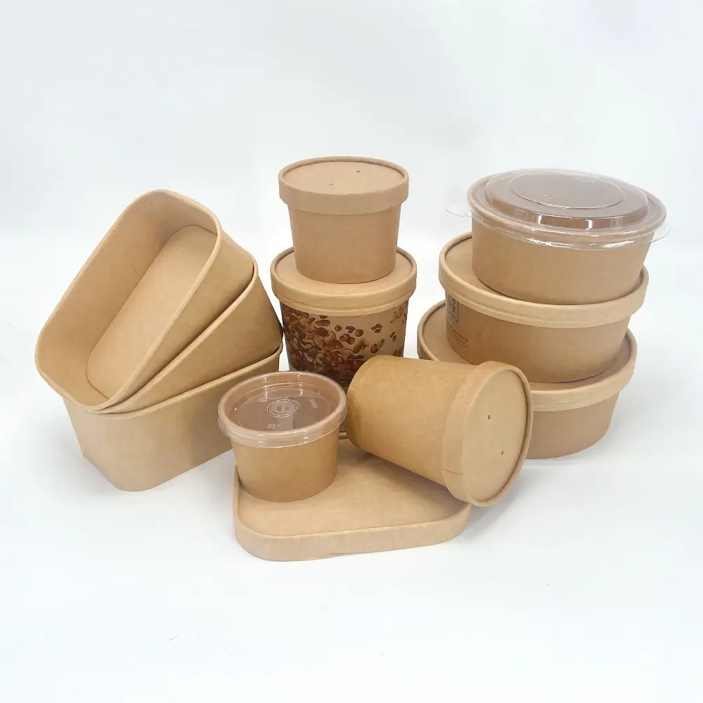 Emballage alimentaire à emporter biodégradable Boîte à lunch alimentaire enduite de PLA Bol en papier kraft Conteneur de tasse à soupe avec couvercle Papier artisanal personnalisé recyclable