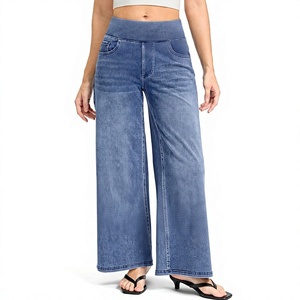 High Waist Wide wax Leg Denim Pants Loose Fit Solid Color <b>Elastic</b> Waist Casual <b>Jeans</b> With Pockets - Product Image 1
