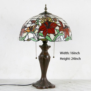 LongHuiJing Tiffany Style Reading Desk Lamp <b>Red</b> Floral Stained Glass Lamo Lampshade Table Lights Home Table Lamp Stand Lamp - Product Image 2