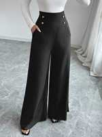 Pantalon élégant taille haute pour femme, coupe large, effet ventre plat, avec poches latérales, couleur unie, idéal pour le bureau et le quotidien professionnel