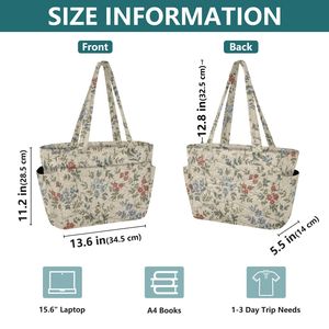 Floral Corduroy Handbag Tote Bag with Two Shoulder Straps Zipper Closure Large Capacity Multi Pocket for Work Travel Shopping - Product Image 3