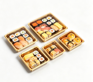Vente directe d'usine, boîte à <span class=keywords><strong>sushi</strong></span> et sandwich carrée durable de qualité supérieure en PET de qualité alimentaire avec couvercle, feuille d'or - Product Image 1