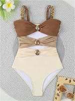 Dames Uitgesneden Colorblock Eendelig Badpak Met Ademende Ruches Plus Size Teenslippers Rok Stevig Breien Voor Strandgebruik