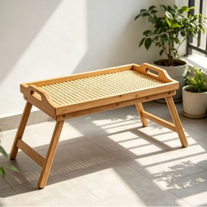 Foldable Rattan Tray <b>Bamboo</b> Natural Wood Minimalist Modern Style Bed <b>Table</b> Serving Tray For Residential Use - Product Image 1