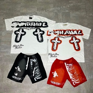 Camisetas de Alta Calidad con Logotipo Personalizado, Impresión en Pantalla, 300 g/m², Conjuntos de Camisetas de Algodón para Hombre, Conjuntos Deportivos Cortos de Verano con Lavado Ácido para Hombre - Product Image 1