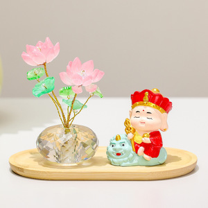 Figurine en résine Bouddha Lotus porte-bonheur de dessin animé avec vase en cristal, décoration d'intérieur pour salon, cadeau de pendaison de crémaillère - Product Image 3