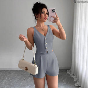 Conjunto de Dos Piezas de Verano para Mujer, Chaleco sin Mangas de Color Sólido, Elegante, Corte Regular, Pantalones Cortos de Cintura Alta con Botones - Product Image 5