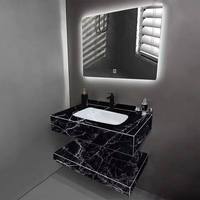 Ensemble de meuble-lavabo de salle de bain d'hôtel en pierre frittée résistante personnalisée en marbre noir et blanc moderne avec miroir intelligent à LED