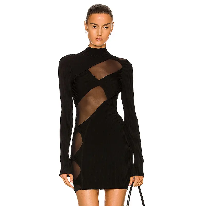 Hot Sale Plain Elegant Dress Summer Long Sleeve Mini Women's Party See Through Dress