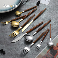 SANOSH Restaurant Qualité Couverts Ensemble En Acier Inoxydable Cuillère Fourchette Couteau avec Manche En Bois En Plastique Élégant Argent Couverts