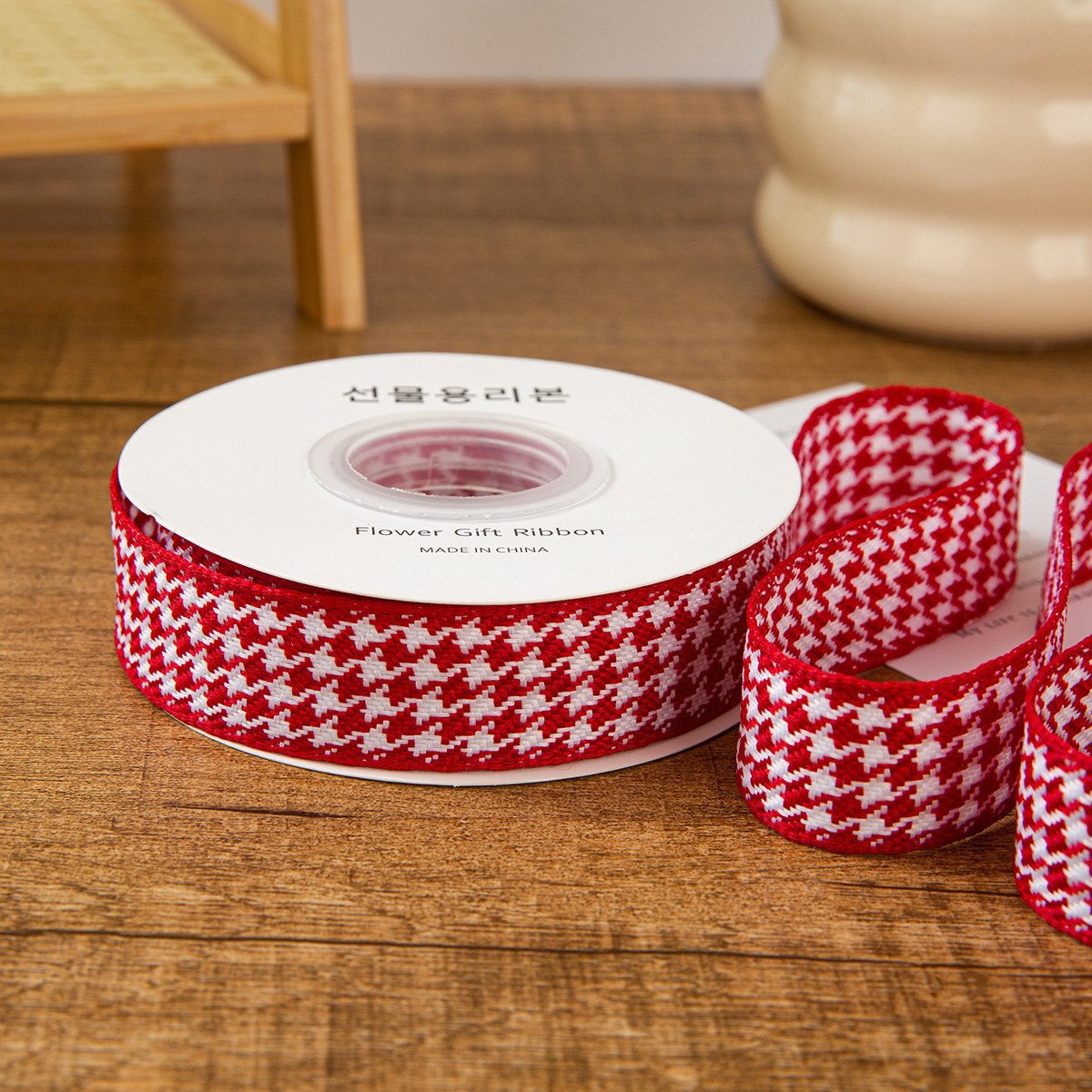 Sangle pied-de-poule rouge [type dur extra épais] de 2,5 cm, 10 mètres