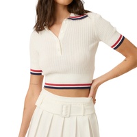 Pull en maille côtelée 100 % coton pour femme, col uni, manches courtes, style preppy, doux, avec boutons, collection printemps, vente en gros sur mesure