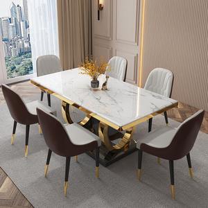 Bộ bàn ăn đá cẩm thạch đen bán chạy, phong cách sang trọng nhẹ nhàng, mặt bàn đá nhân tạo trắng, chân inox vàng. - Product Image 4