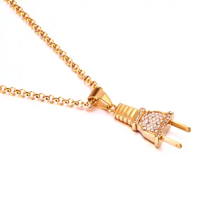 Men Necklace Jewelry Type Gold Plated Plug Pendant Necklace Charm Necklace with Crystal Stone