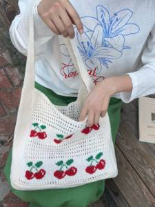 Sac fourre-tout léger pour femme, style coré<span class=keywords><strong>en</strong></span>, <span class=keywords><strong>en</strong></span> crochet, motif cerise, ouvert et portable, idéal pour l'hiver, le printemps, l'été et l'<span class=keywords><strong>automne</strong></span> - Product Image 3