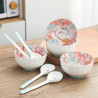 Ensembles de vaisselle mignons à motif de dessin animé pour animaux de compagnie, modèles Tulipe et Lapin, comprenant bol à riz, cuillère à riz et assiette, style Ins frais