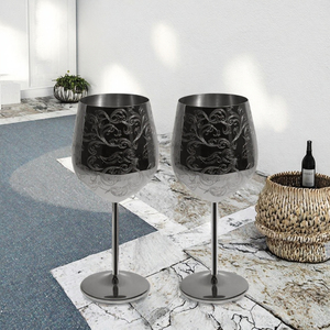 แก้วไวน์สแตนเลสสตีลลายแกะสลักสไตล์บาโรกแบบพกพา แก้วทรงสูงสีเงินสุดหรูสำหรับดื่มไวน์ - Product Image 3