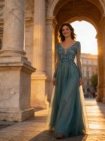 Robe de soirée bleu sarcelle perlée, col en V profond, manches longues avec broderie de cristaux lourds, robe de banquet de luxe coupe trapèze