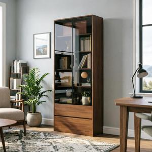 Librero Alto de Estilo Europeo Moderno <span class=keywords><strong>con</strong></span> <span class=keywords><strong>Puertas</strong></span> Corredizas de Vidrio Templado, 2 Cajones Inferiores y Estantes Ajustables, Acabado en Nogal, para Oficina en Casa - Product Image 5