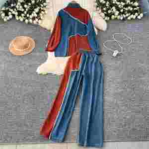 Ensemble décontracté vintage pour femme : haut ample et pantalon de jogging en jean tissé taille haute à blocs de couleur – Vente en gros - Product Image 4