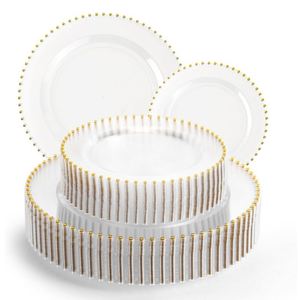 7.5 Inch Plastic Dessert <b>Plates</b> with Gold Beads Heavy Duty Clear White Salad <b>Plate</b> Bulk Disposable Dinnerware for Party - Product Image 1
