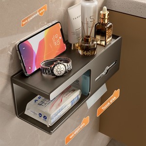 Metal Double Tier <b>Wall</b>-<b>Mounted</b> Punch-Free Toilet Paper Holder with <b>Shelf</b> for Bathroom - Product Image 5
