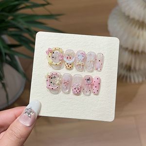 <span class=keywords><strong>Uñas</strong></span> Postizas Francesas Hechas a Mano de Alta Calidad con Lindos Puntos, <span class=keywords><strong>Uñas</strong></span> Postizas Cortas Cuadradas con Diseño Único de Gatito y Lazo - Product Image 3