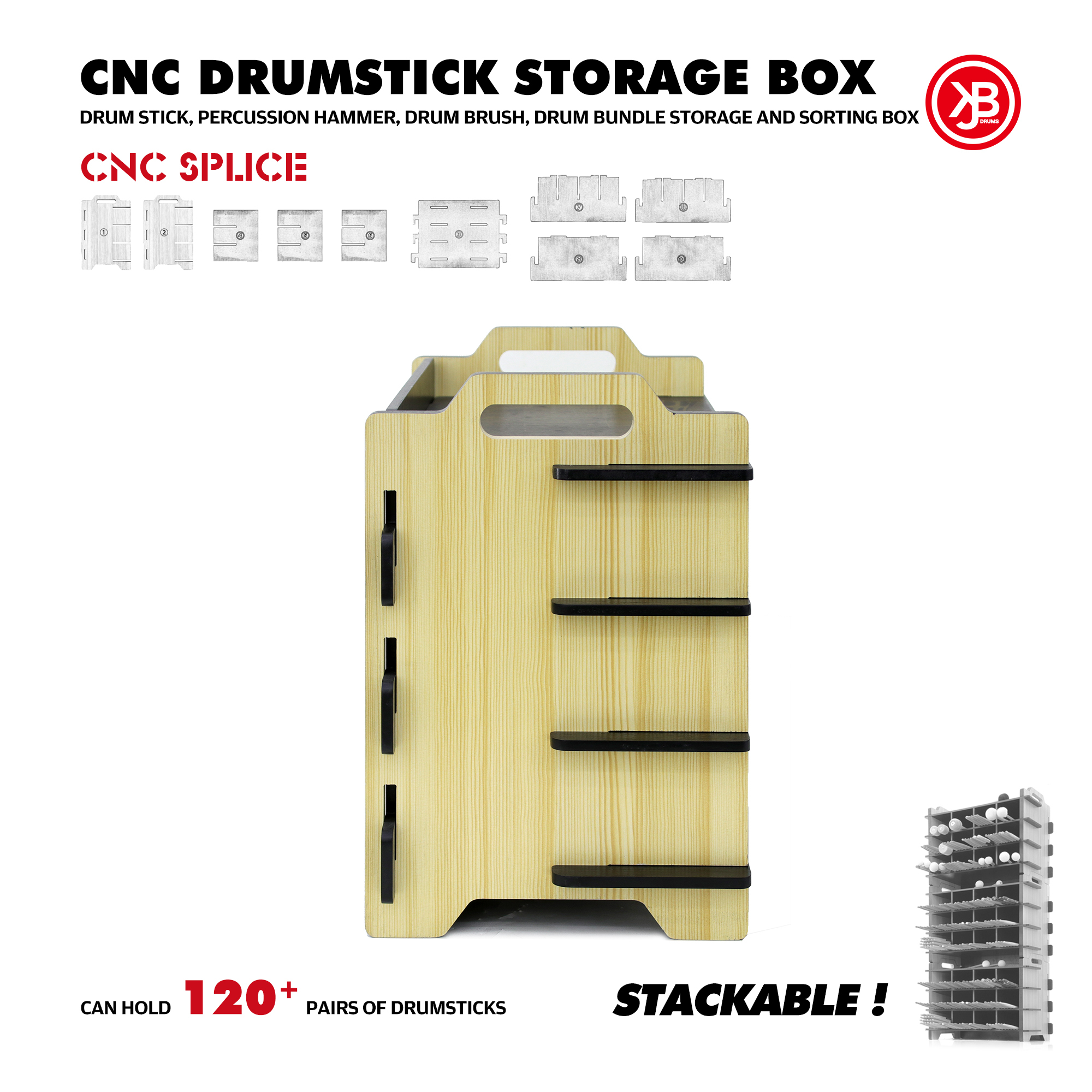 Beatello CNC スプライスドラムスティック収納ボックス 木製マップル