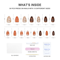 NAILWAY Faux Ongles à Coller en Gel Marron Motif Fleur Léopard Amande avec Ligne Dorée 3D, 30 Pièces, 15 Tailles