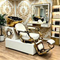 Fauteuil de lavage de cheveux de luxe avec sculpture dorée ornée pour salon de beauté, station de lavage inclinable avec repose-pieds