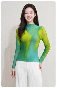 Blusa Elegante Casual para Mujer, Cuello Alto, Manga Larga, Ajustada, Plisada, Degradado Verde Azulado, de Chifón Ecológico, Venta al por Mayor - Product Image 6