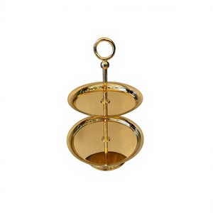 Plateaux de service décoratifs de luxe, forme ronde, couleur or, haute qualité, support à gâteau à 2 étages en métal pour table à manger, décoration de mariage. - Product Image 1