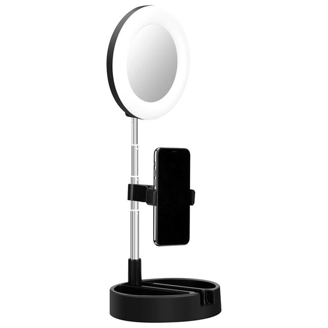 Portable MultiFunctional Dimmable LED Selfie Continuous Video Halo Ring Light Zoom Live Stream Phone Holder with Makeup Mirror